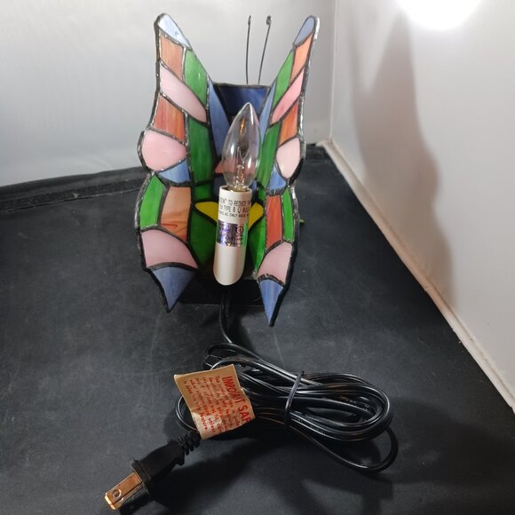 Vintage Stained Tiffany Style Glass Butterfly Table Desk Lamp - Picture 9 of 14
